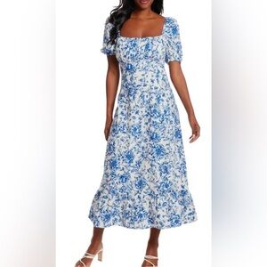 London Times White Maxi Dress with Blue Floral Print and Puff Sleeves